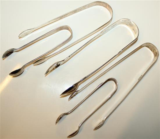 5 x pairs of silver sugar tongs, including 3 Georgian